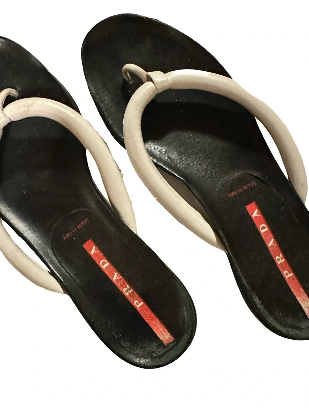 Prada Black Footbed Sandals with Cream Tubular Straps flip flops Sz 8